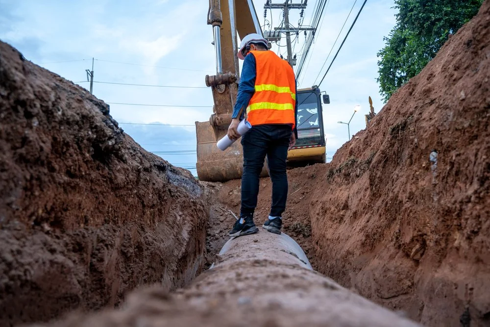 Worker in a high-visibility vest and hard hat beside a large pipe laid in an open service trench
